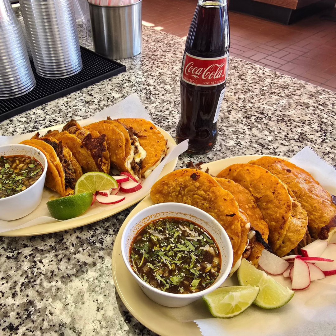 quesabirra tacos with consomme and mexican coke
